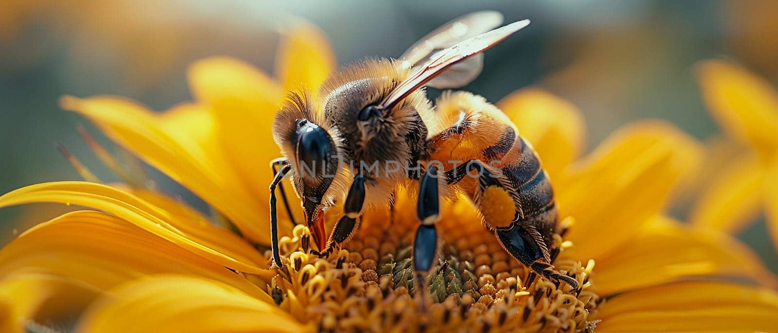 Close-up of a bee on a sunflower, representing nature, pollination, and summer themes.