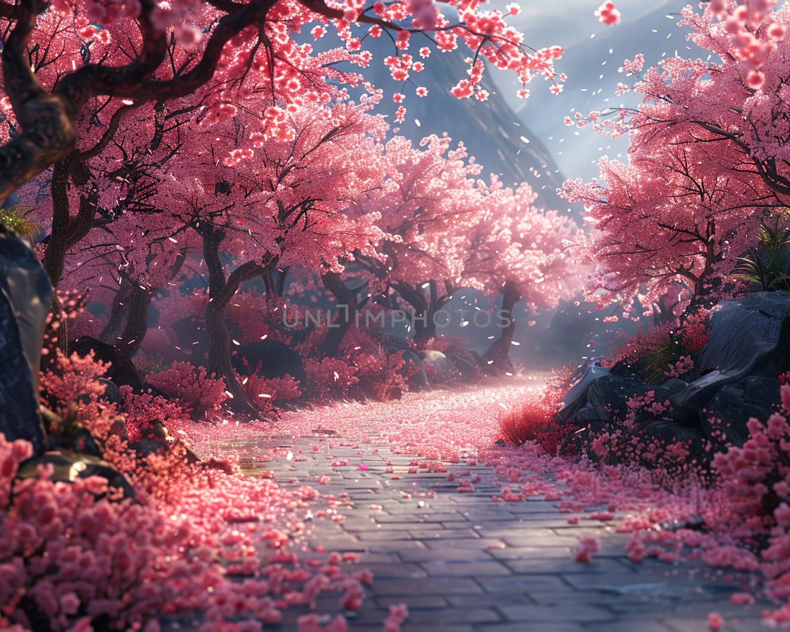 A path lined with cherry blossoms in full bloom by Benzoix