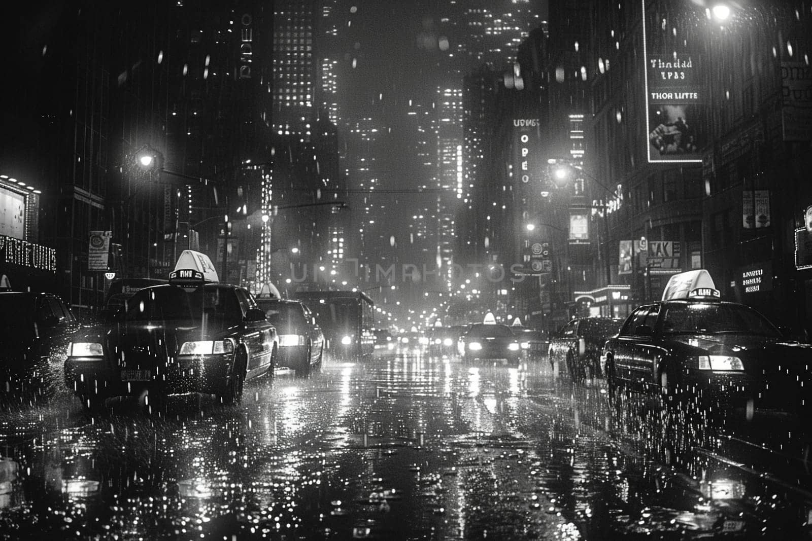 Rain falling on a city street at night, creating reflections and a moody atmosphere.