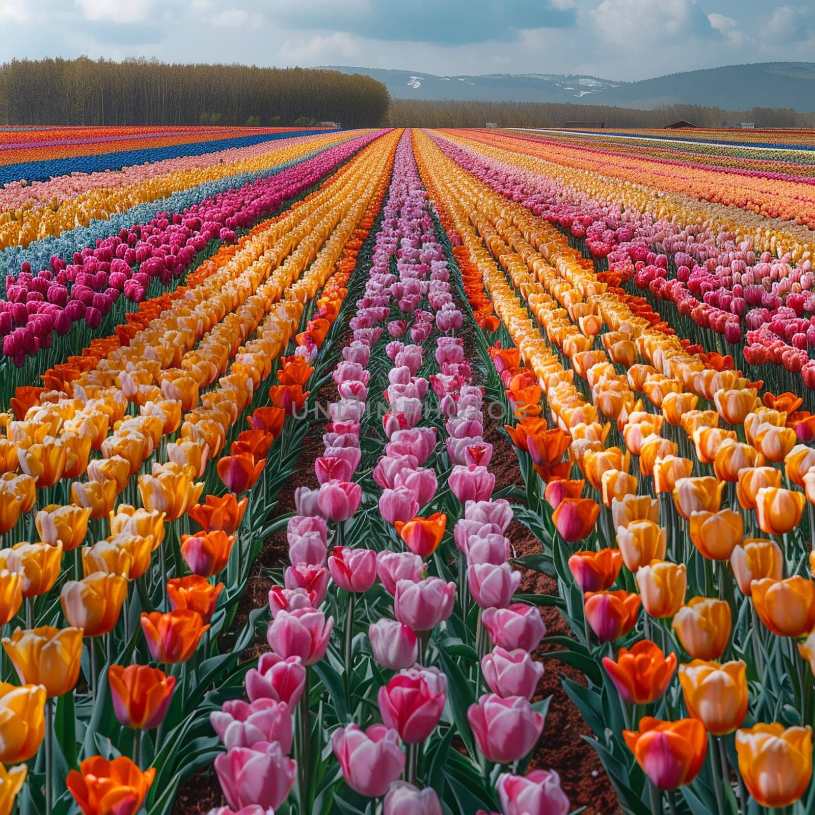 A vibrant tapestry of tulip fields from above, displaying nature's colors in full bloom.