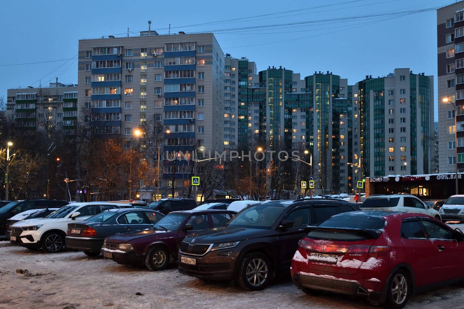 Moscow, Russia - Feb 14. 2024. Parking lot on the Kryukovskaya Square in Zelenograd