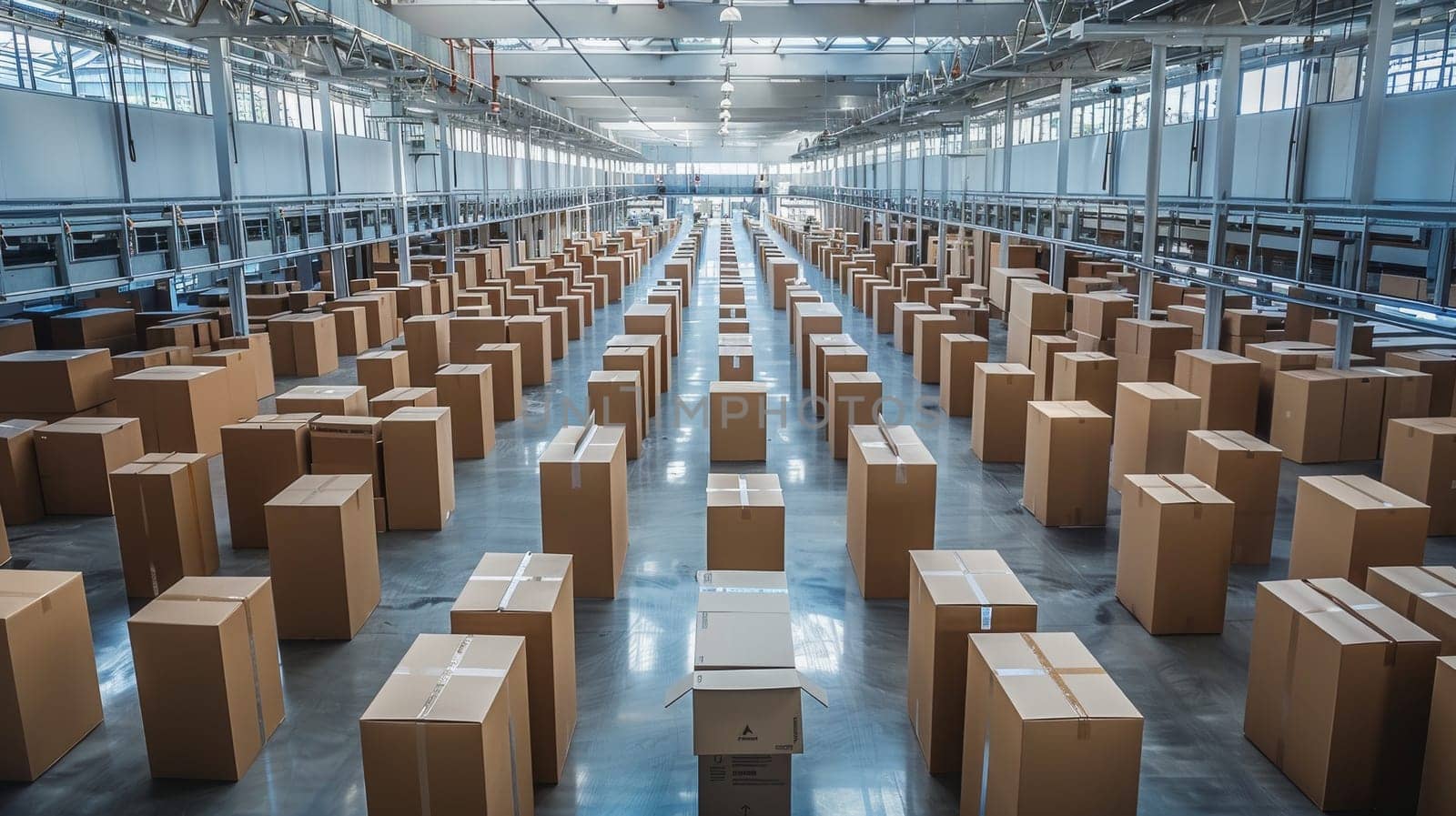 A large room with many boxes and potted plants. The room is empty and waiting to be filled with furniture and decorations. Scene is one of anticipation and excitement for the new space