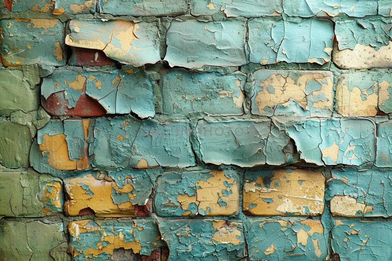 Old brick wall with peeling paint, great for vintage and rustic background themes.