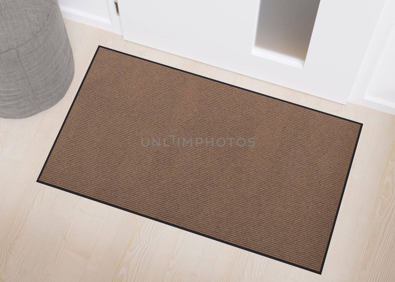 Blank brown door mat on wooden floor, perfect for showcasing custom designs or logos in an urban home setting. Welcome mat with copy space. Doormat mock up. Carpet at entrance. 3D. by creativebird
