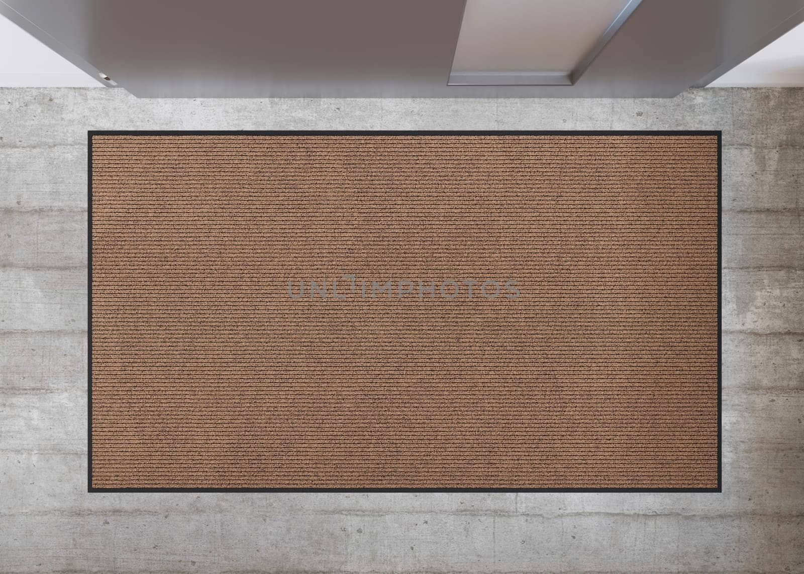 Blank brown door mat on concrete floor, perfect for showcasing custom designs or logos in an urban home setting. Welcome mat with copy space. Doormat mock up. Carpet at entrance. 3D. by creativebird