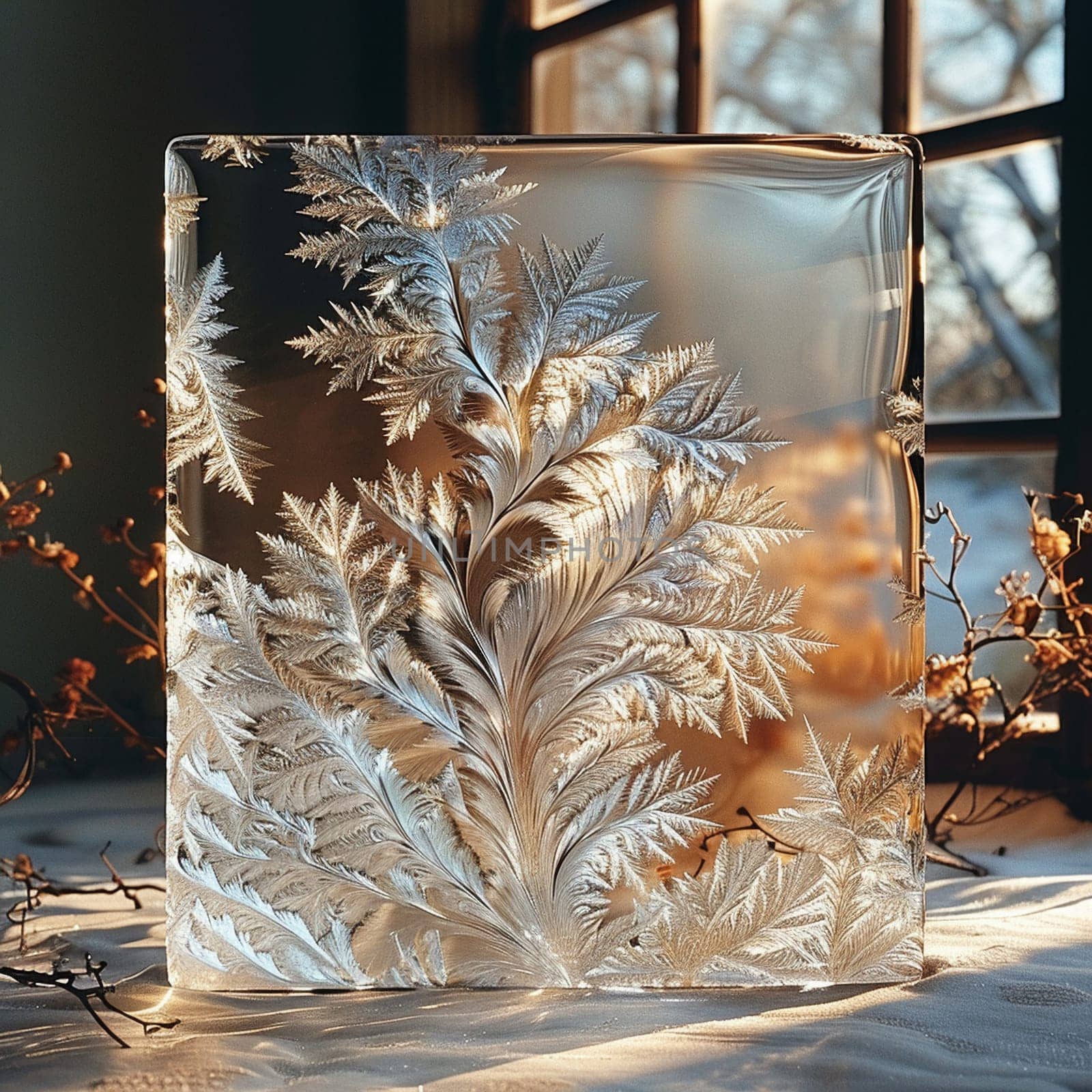 Crystalline structure of frost on glass, capturing winter's delicate and geometric beauty.