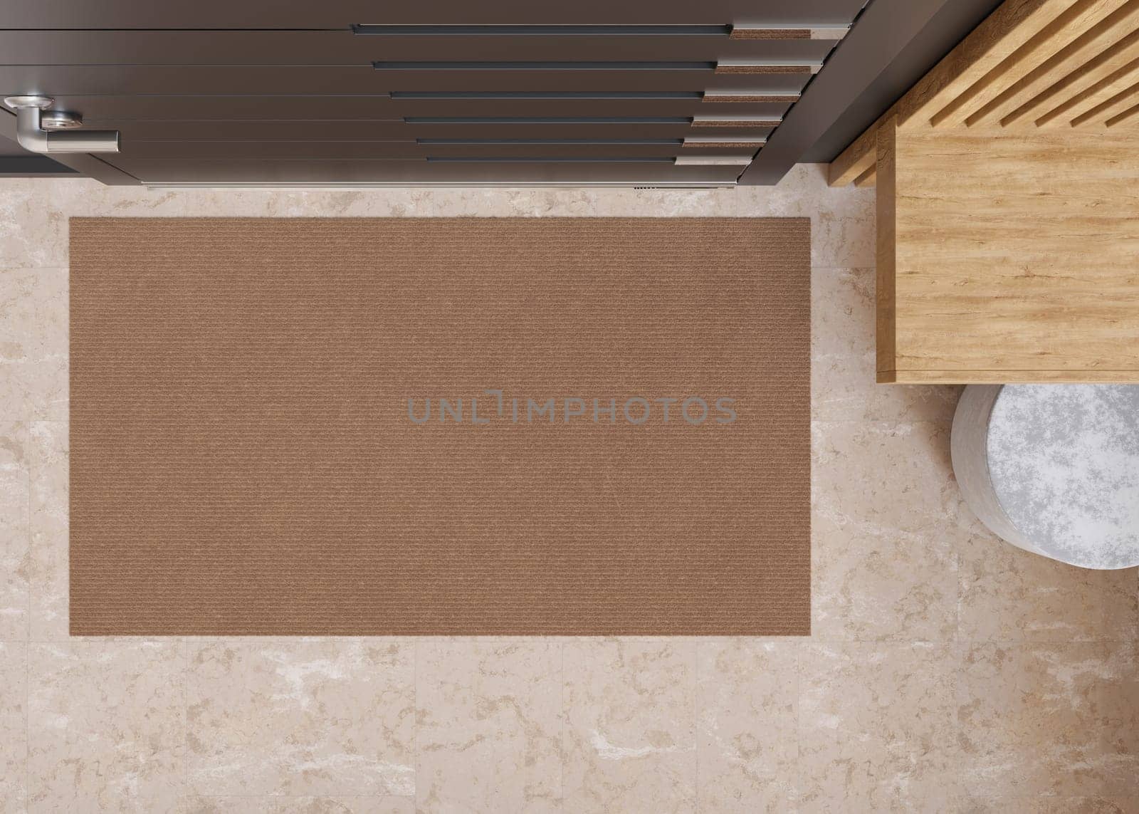 Blank brown door mat on marble tiles floor, perfect for showcasing custom prints or company logos, suitable for design previews. Welcome mat with copy space. Doormat mock up. Carpet at entrance. 3D. by creativebird