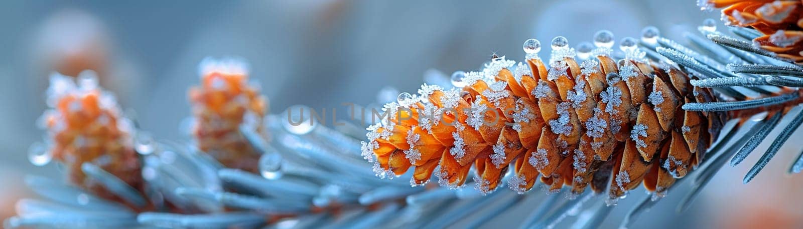 Macro shot of frost on a pine cone, showcasing winter's intricate details.