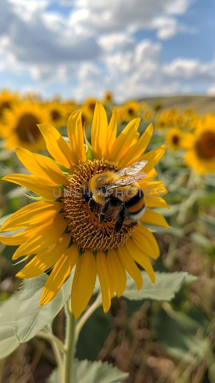 Close-up of a bee on a sunflower, representing nature, pollination, and summer themes.