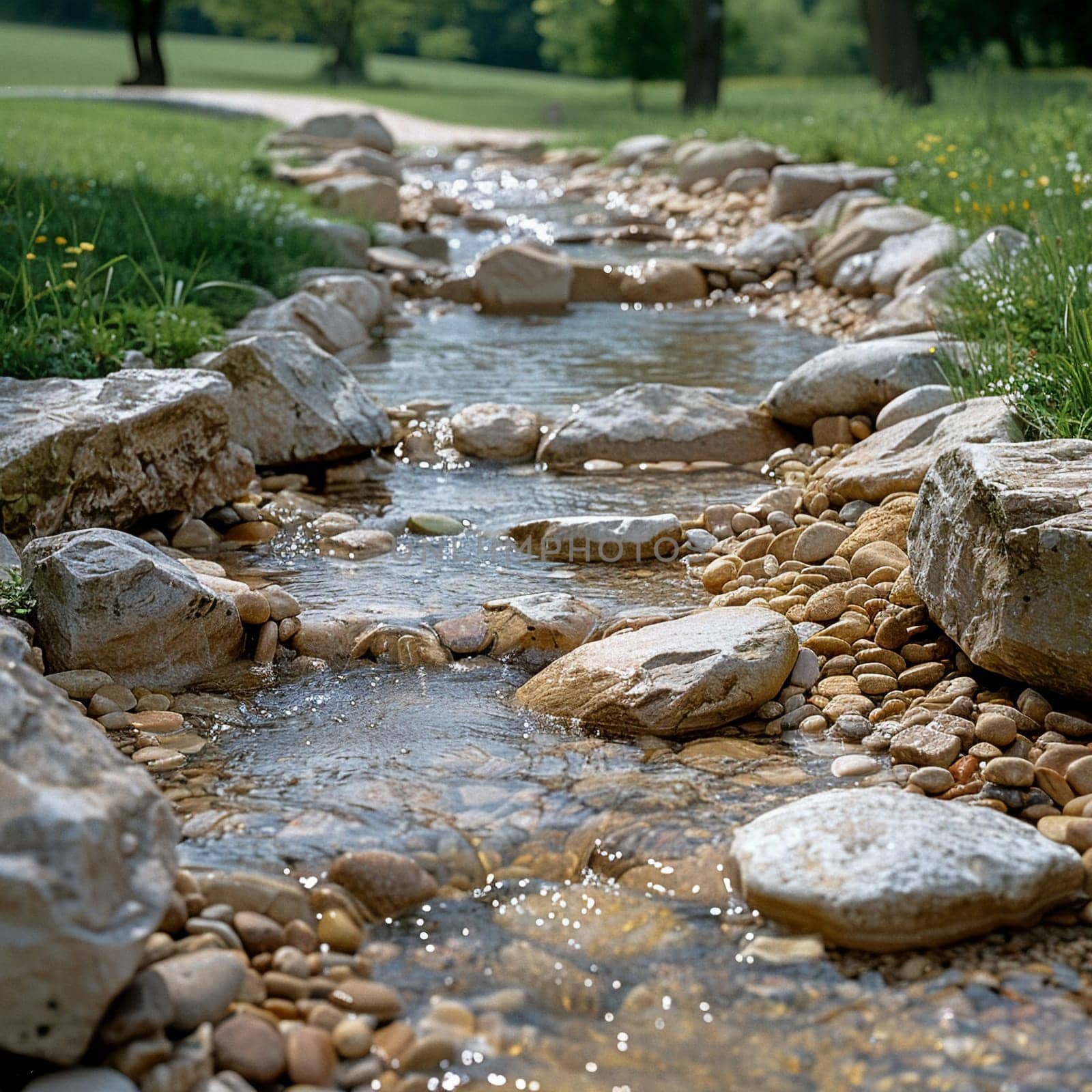Bubbling brook over smooth stones, ideal for serene and calming design themes.
