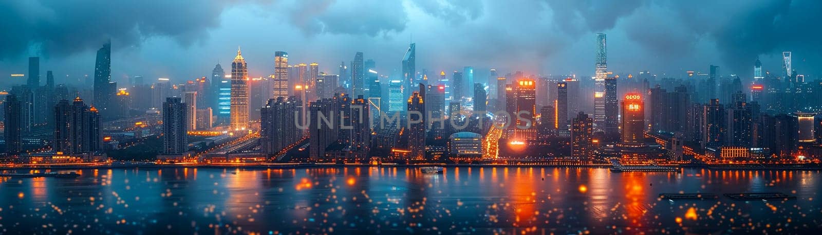 A bustling city view from above illuminated by lights at twilight by Benzoix