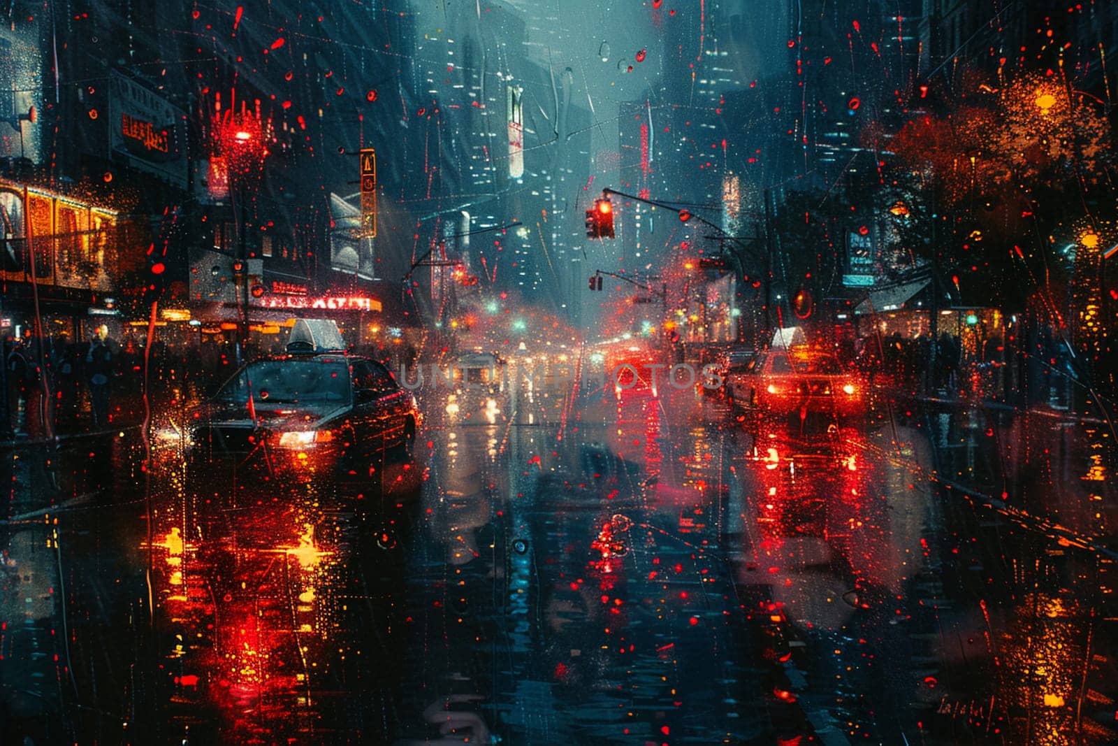 Rain falling on a city street at night, creating reflections and a moody atmosphere.