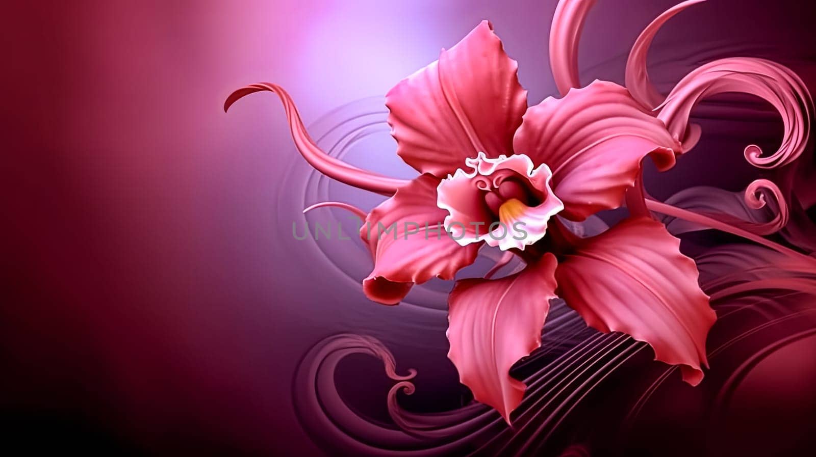 Two pink orchids are shown on a purple background. The flowers are in full bloom and are the main focus of the image. The purple background adds a sense of depth and contrast to the flowers