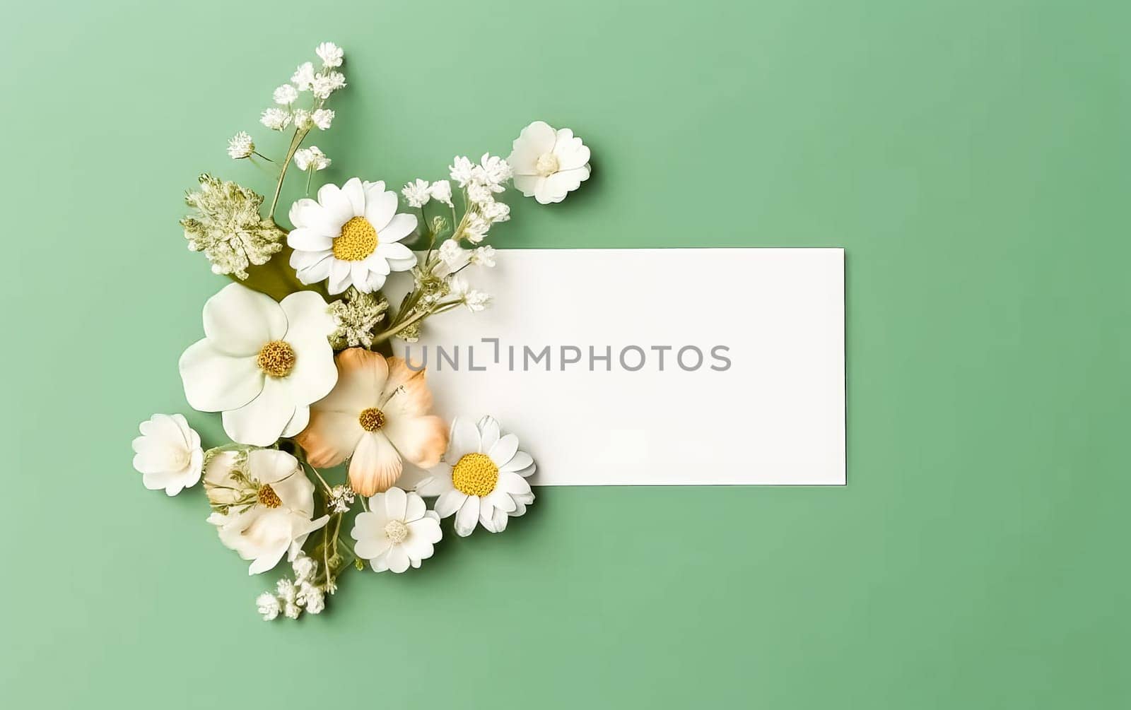 A white sheet of paper is placed on a green background with a bunch of white flowers. The flowers are arranged in a way that they are overlapping the paper, creating a sense of depth and dimension