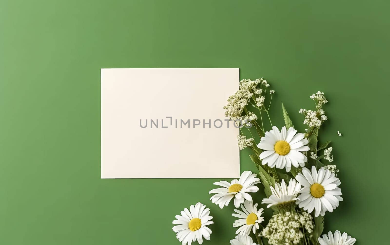 A white sheet of paper is placed on a green background with a bunch of white flowers. The flowers are arranged in a way that they are overlapping the paper, creating a sense of depth and dimension