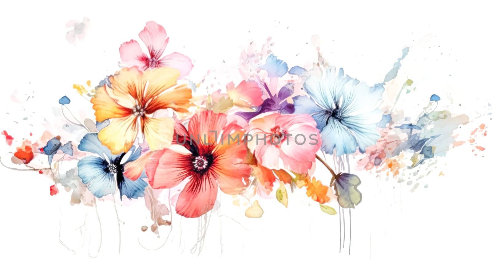 A colorful bouquet of flowers with a white background. The flowers are arranged in a way that they look like they are blooming. The colors of the flowers are bright and vibrant, creating a cheerful