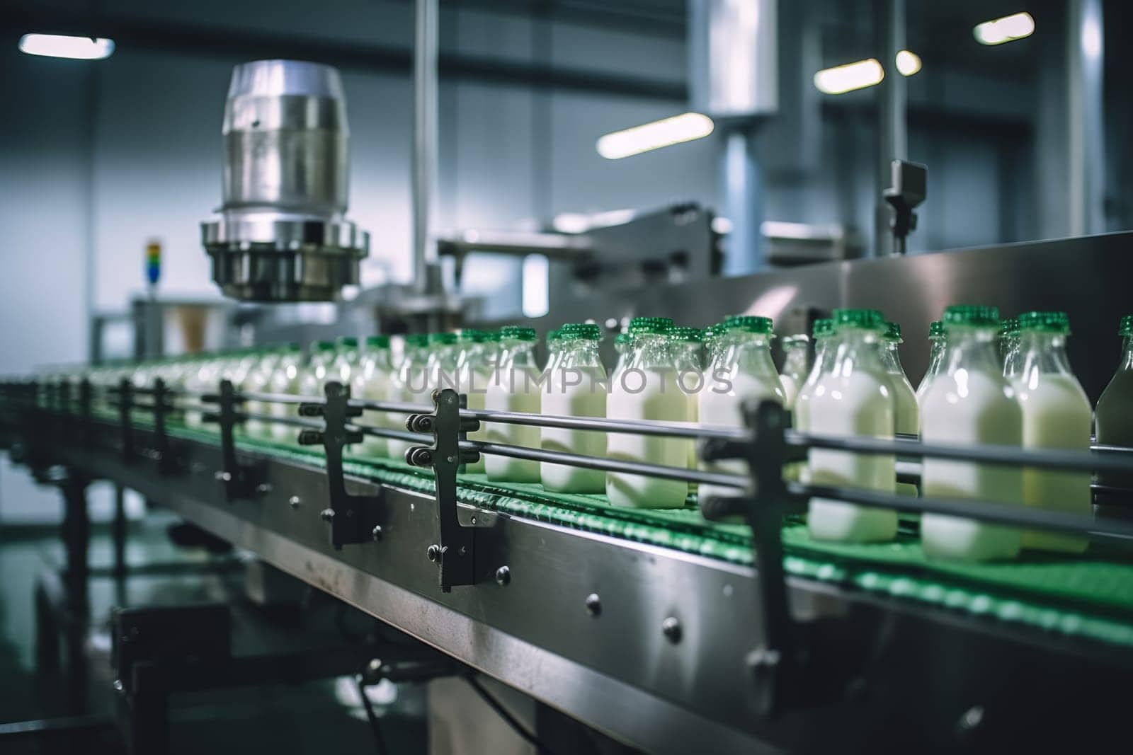 Industrial image of a dairy plant production line with a row of green-capped milk bottles on a conveyor, depicting food industry efficiency