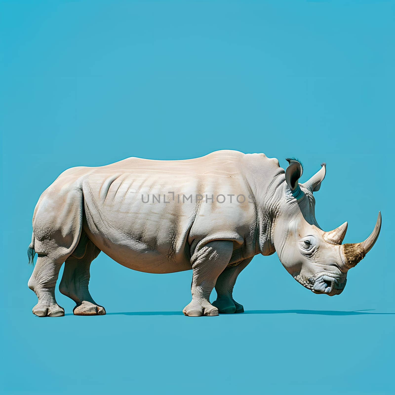 A white rhinoceros with a robust body is standing on the blue ground by Nadtochiy