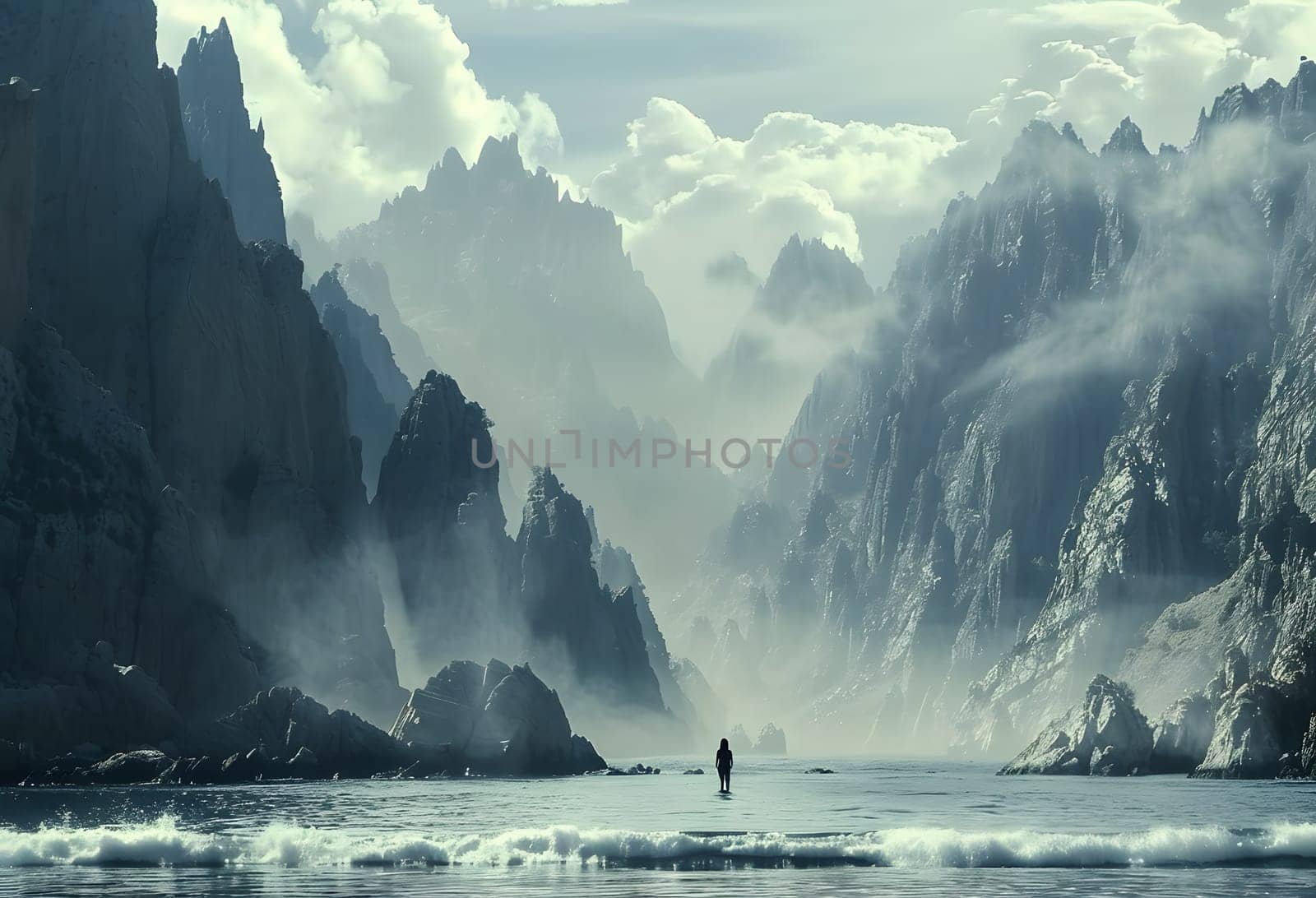 A person stands in the midst of the flowing water of the river, with majestic mountains in the background creating a breathtaking natural landscape