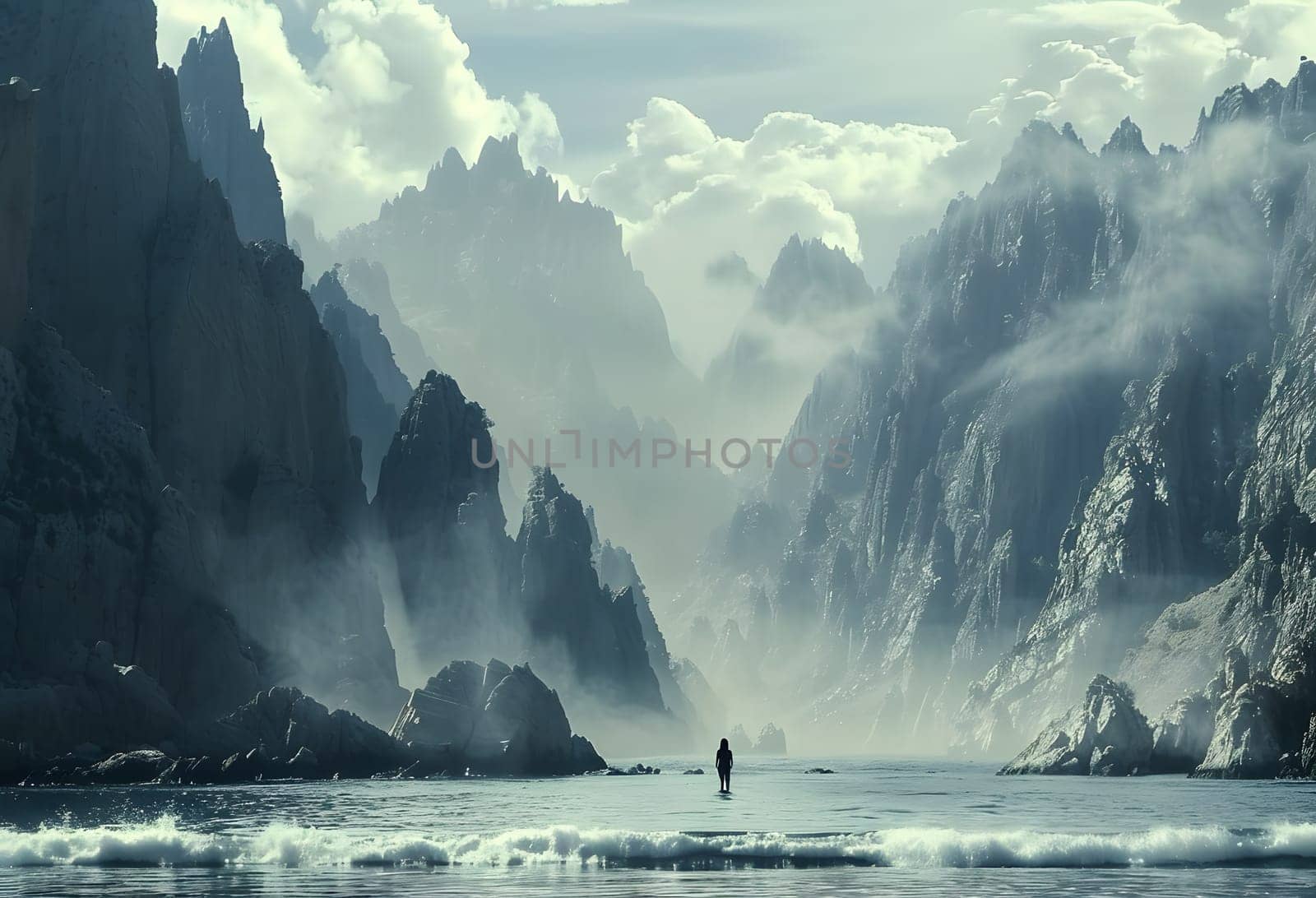 Person amidst flowing water, with mountains in the backdrop by Nadtochiy