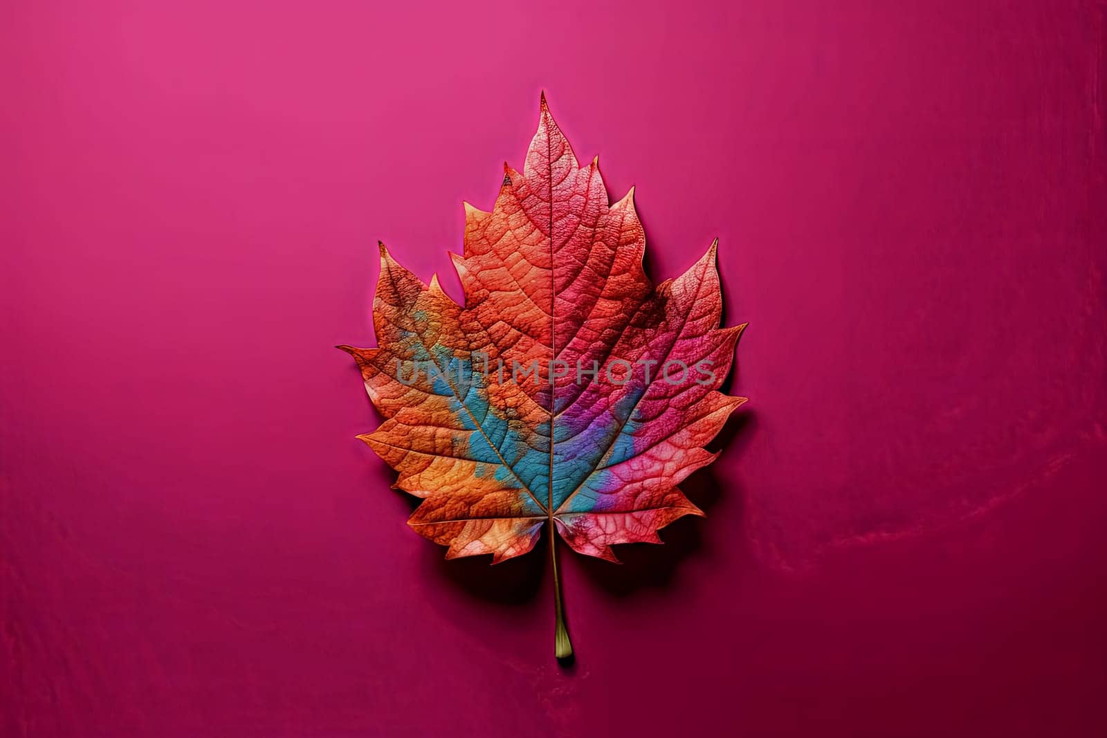 A leaf with a rainbow of colors is on a pink background. The colors of the leaf are red, orange, yellow, and green