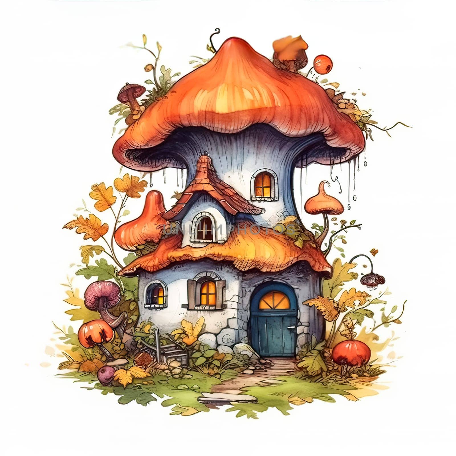 A house made of mushrooms with a blue door. The house is surrounded by plants and has a garden