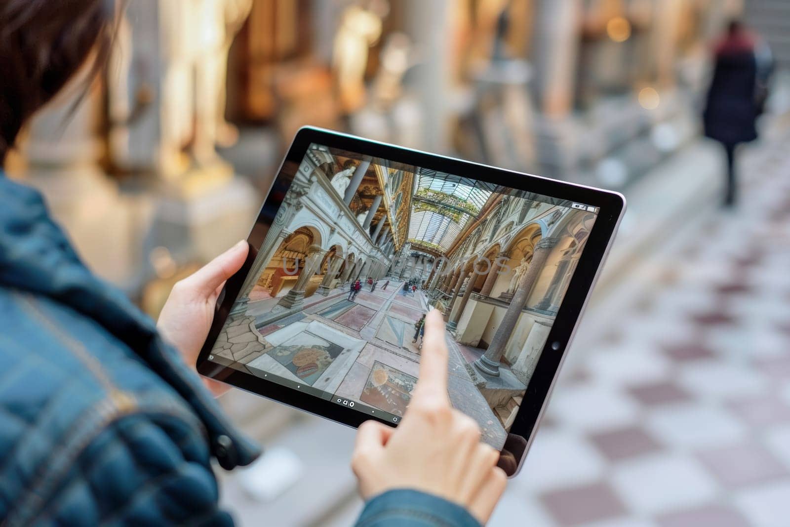 Hands hold a tablet displaying an augmented reality overlay of a historic building, blending technology with architecture