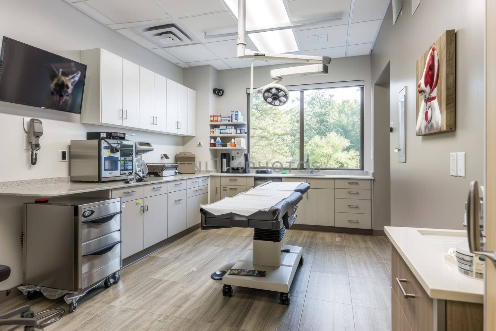 This image showcases a well-equipped veterinary clinic with a patient table, cabinetry, and medical equipment, ready for animal care