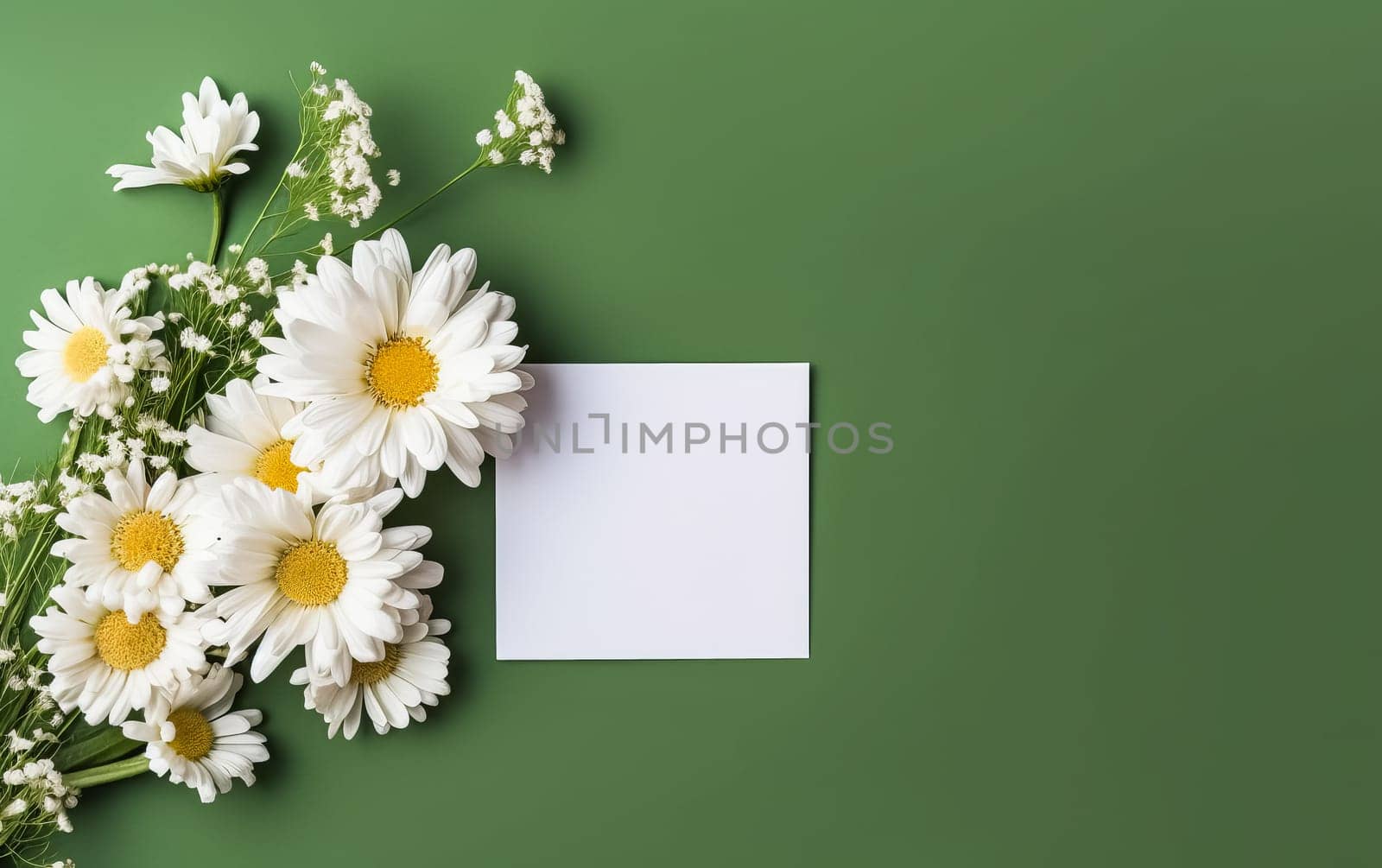 A white sheet of paper is placed on a green background with a bunch of white flowers. The flowers are arranged in a way that they are overlapping the paper, creating a sense of depth and dimension