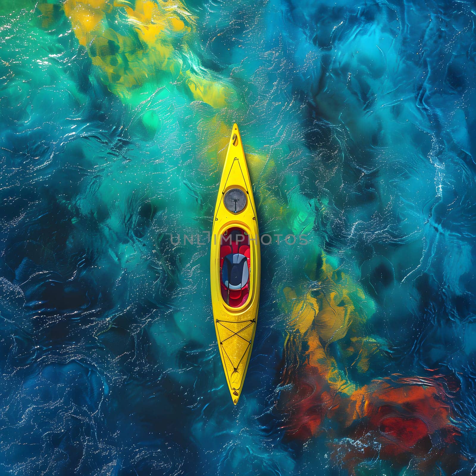 A vivid yellow kayak glides through the electric blue waters, resembling a piece of art among the fluid marine biology. A fish with a fin swims gracefully underwater