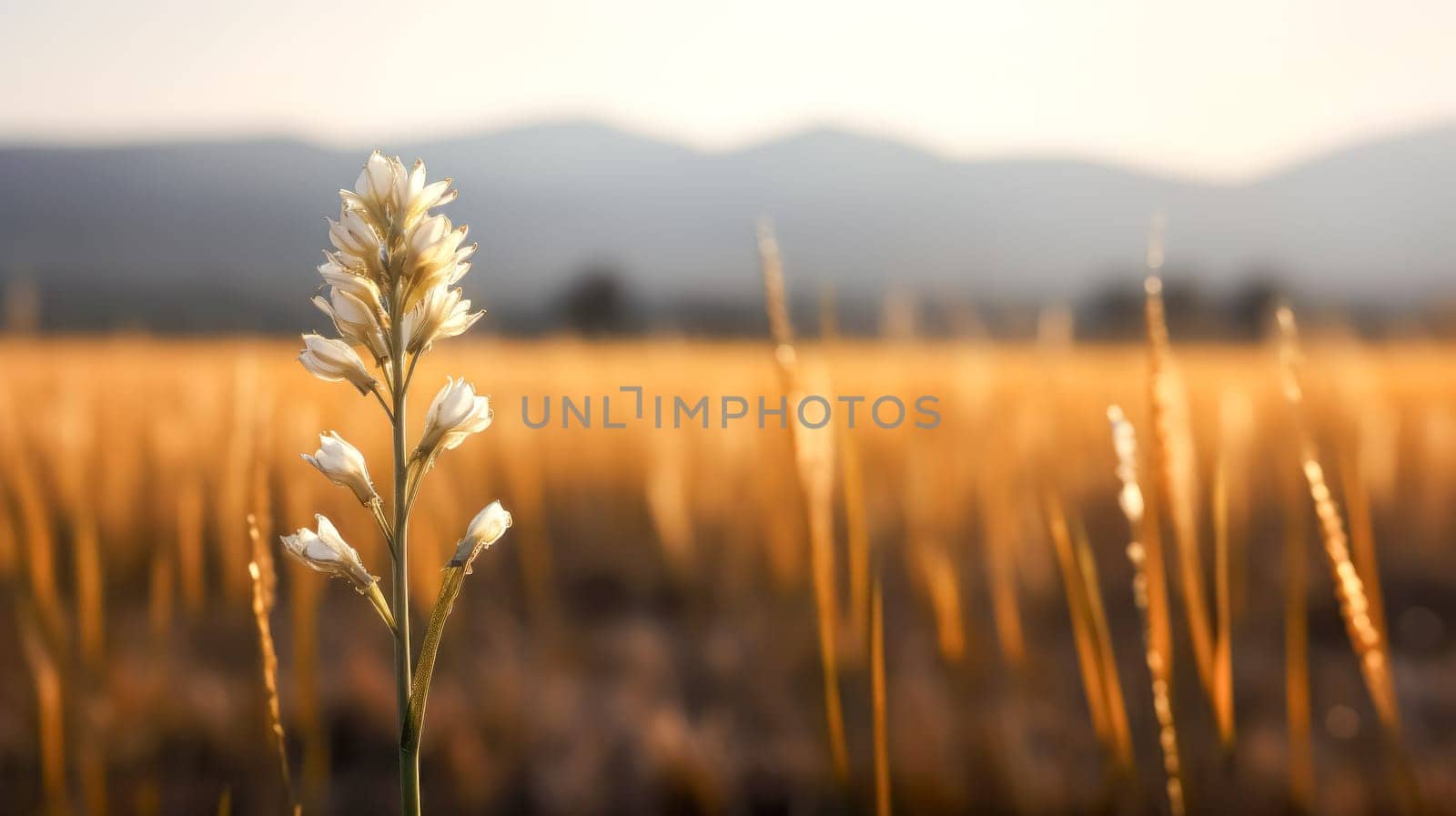 A single white flower is standing in a field of yellow flowers. The sun is setting in the background, casting a warm glow over the scene. Concept of peace and tranquility