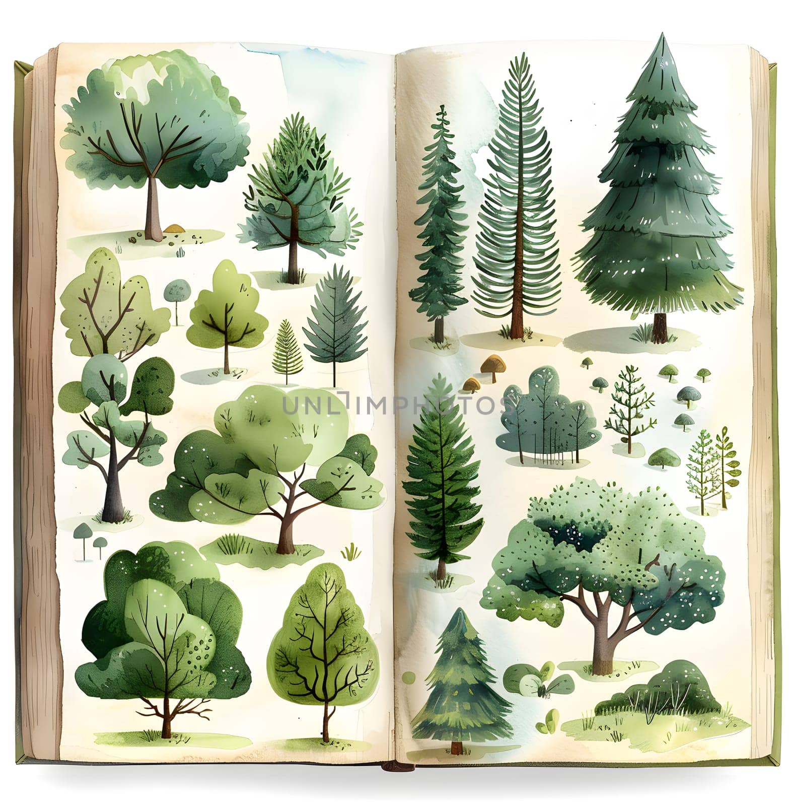 The open book displays a page filled with a lush green landscape featuring a diverse plant community of trees, creating a vibrant terrestrial plant biome