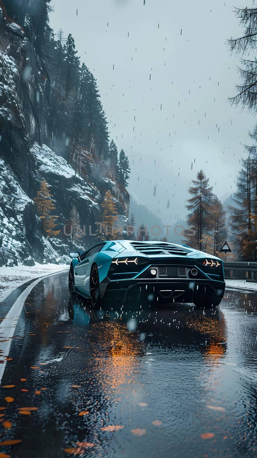 An azure Lamborghini Aventador cruises through a snowy mountain landscape, with the asphalt road glistening under the vehicles automotive lighting against a backdrop of the sky and water