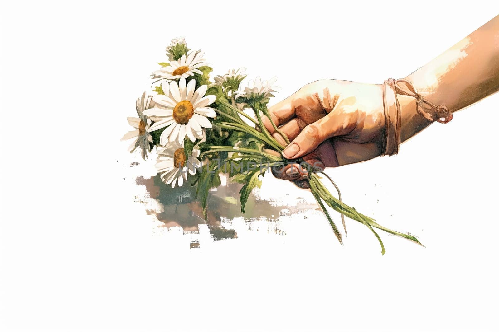 A hand holding a bouquet of white flowers. The flowers are daisies and the hand is wearing a bracelet. Concept of warmth and affection, as the person is holding the flowers for someone special