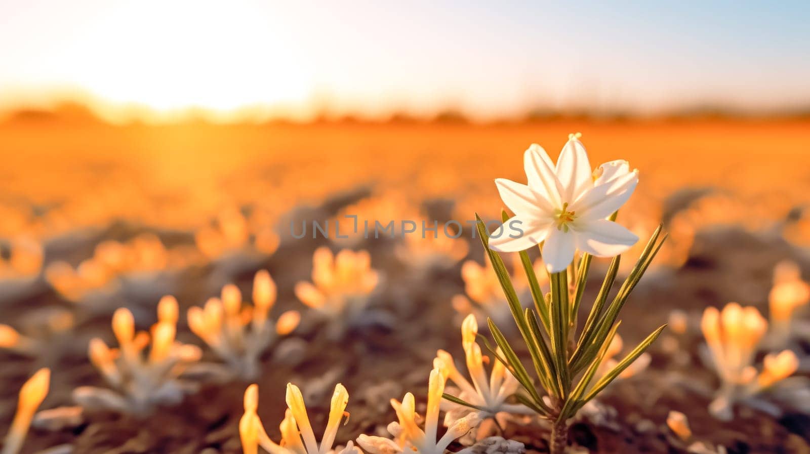 A single white flower is standing in a field of yellow flowers by Alla_Morozova93