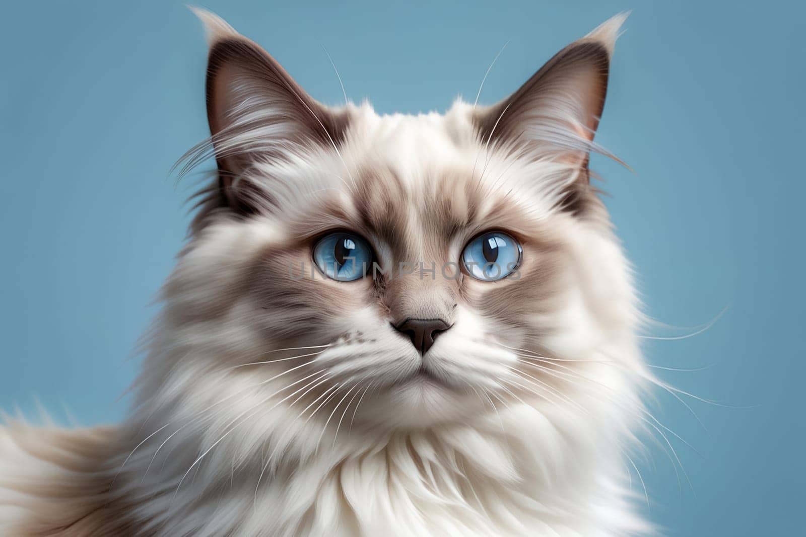 A beautiful young purebred Ragdoll kitten sits on an blue background.. AI generated image.