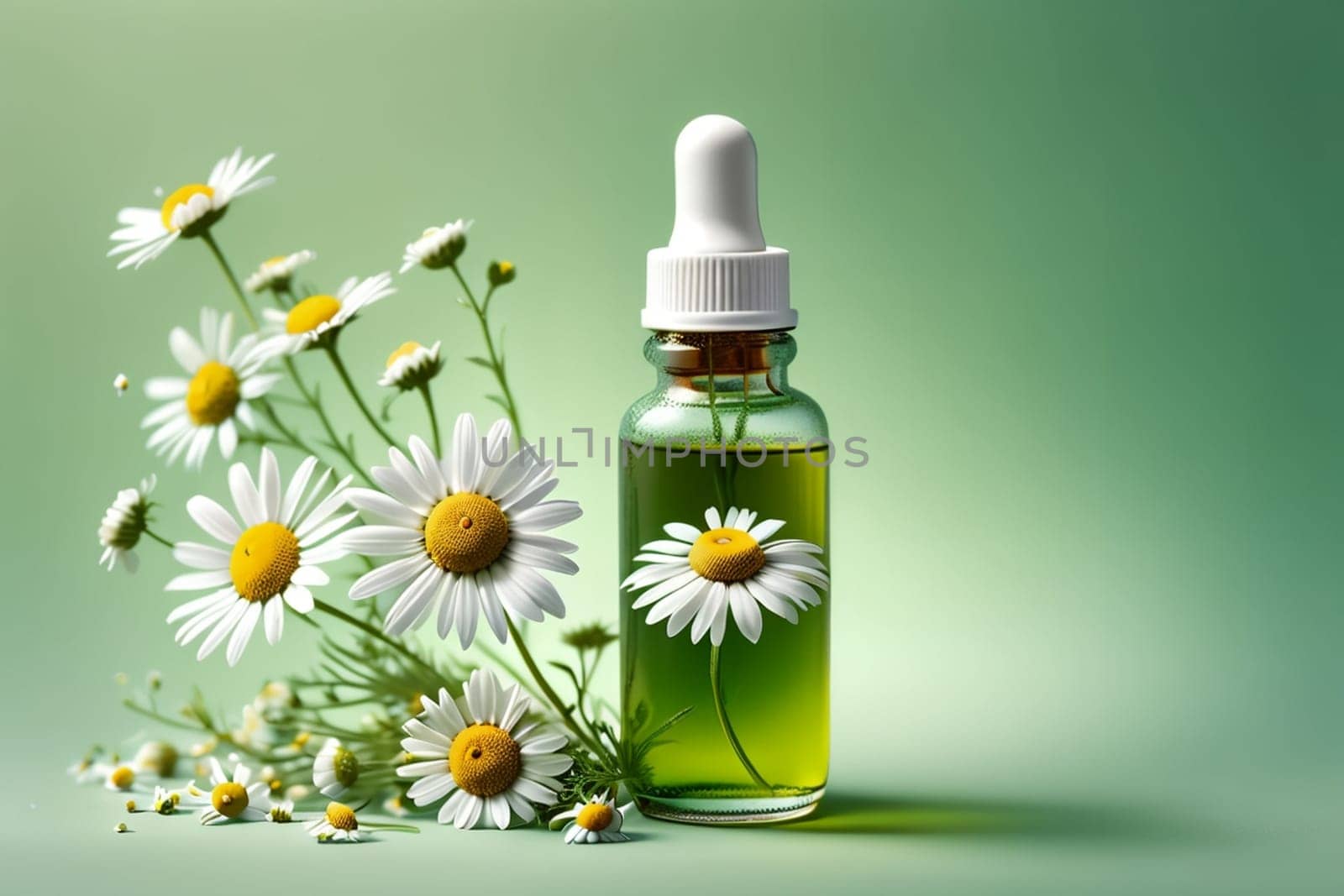 chamomile tincture in a glass bottle isolated on a green background