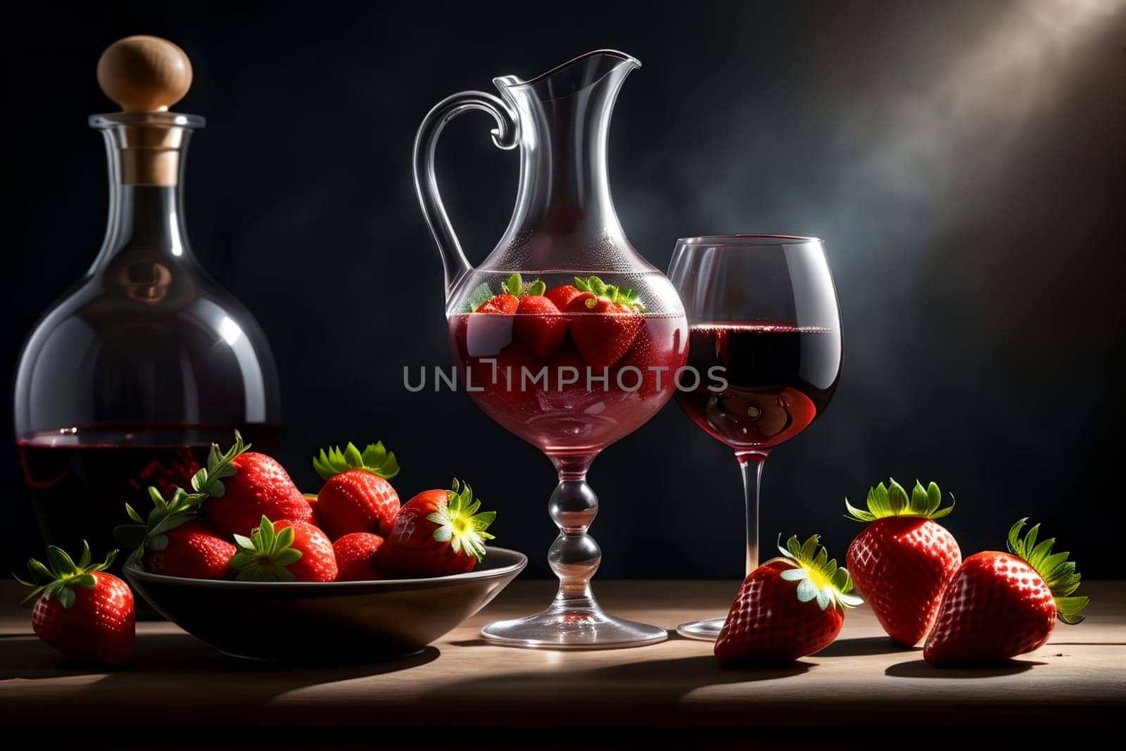 strawberry red wine in a glass and decanter against the background of ripe strawberries on the table.