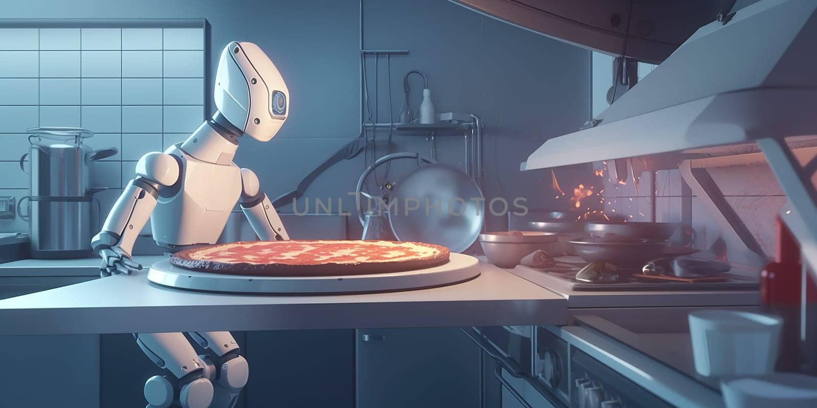 Robot Android Cooking Pizza In The Kitchen