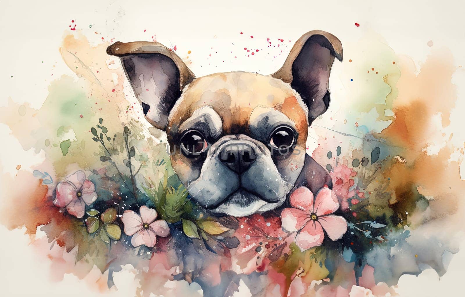Watercolor illustration of french bulldog surrounded by flowers and splashes of watercolor paint by GekaSkr