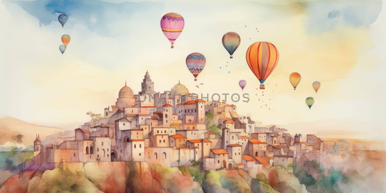 watercolor paint of City with a lot of beautiful houses on a hill and hot air balloons in the sky , generative AI