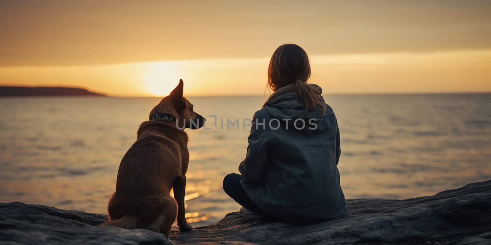 girl and stray dog looking at sunset, back view, generative AI