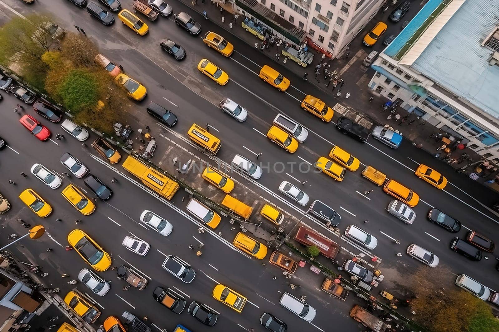 big traffic jam on a City Road with a lot of cars buses and yellow taxi cabs, top view from above