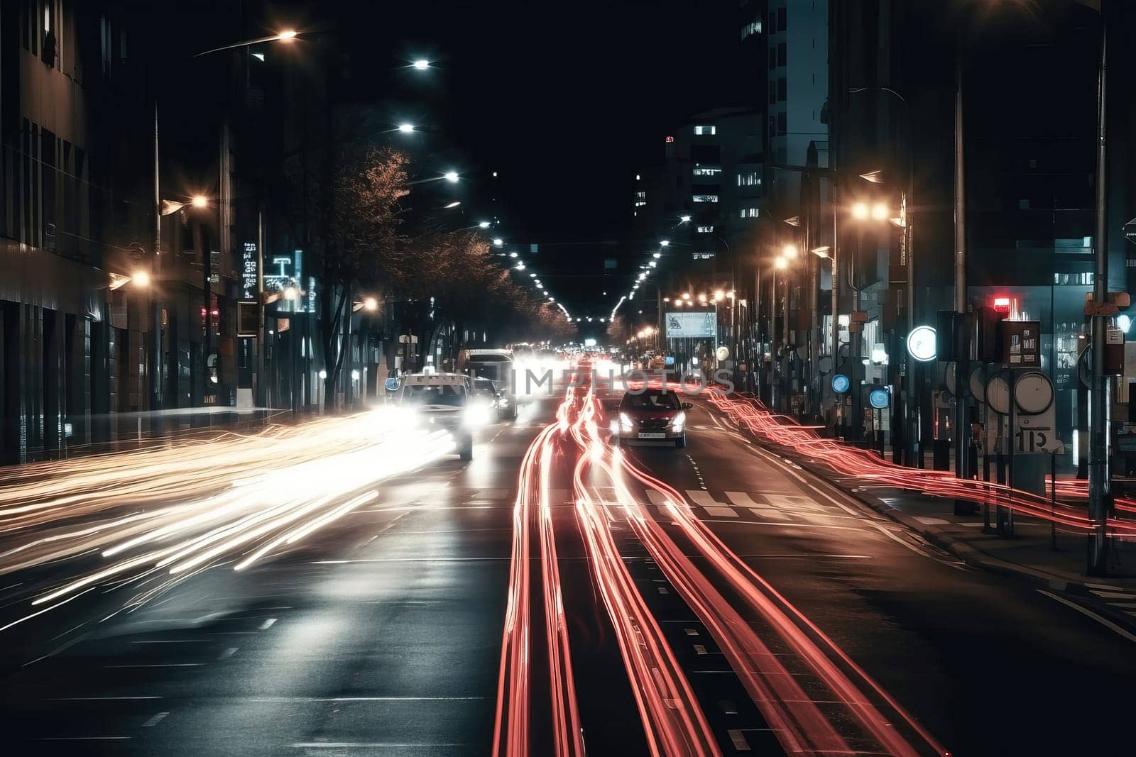 White and red headlights trails on a wide Road of modern city