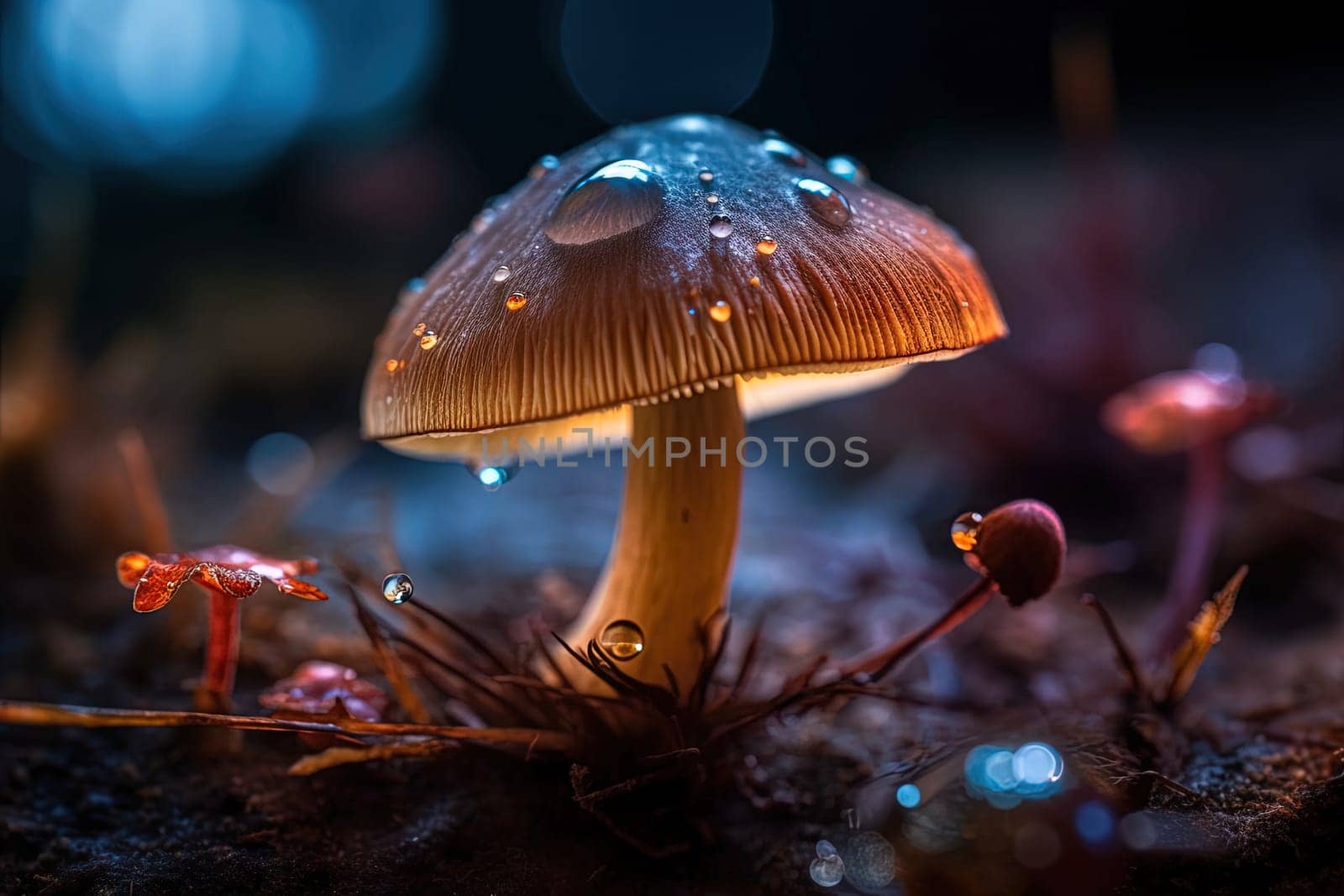Neon illustration of magic mushrooms close-up with drops of water by GekaSkr