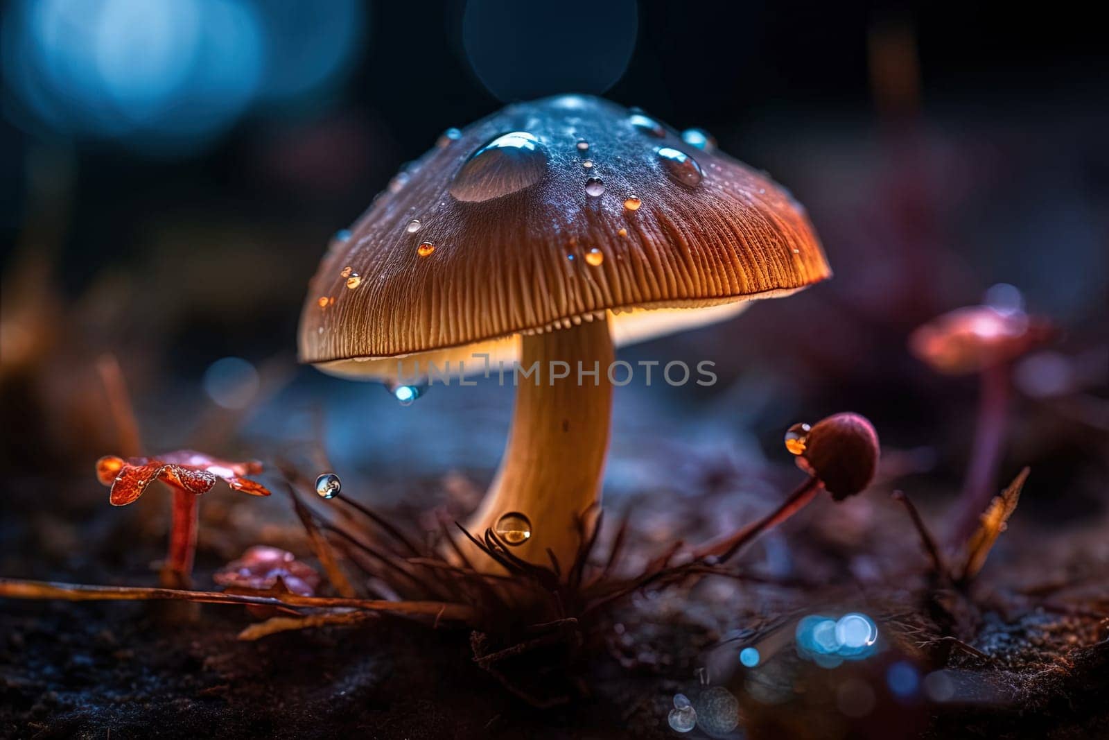 Neon illustration of magic mushrooms close-up with drops of water glowing at night in mystical forest