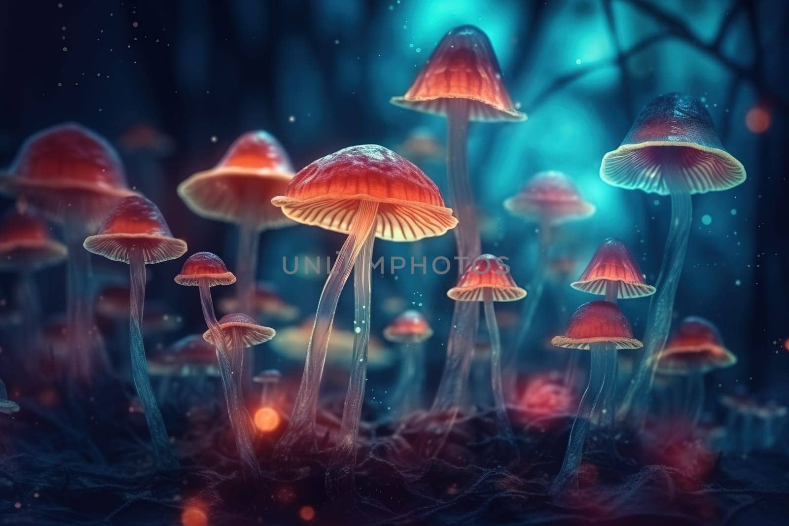 Neon illustration of magic mushrooms close-up by GekaSkr