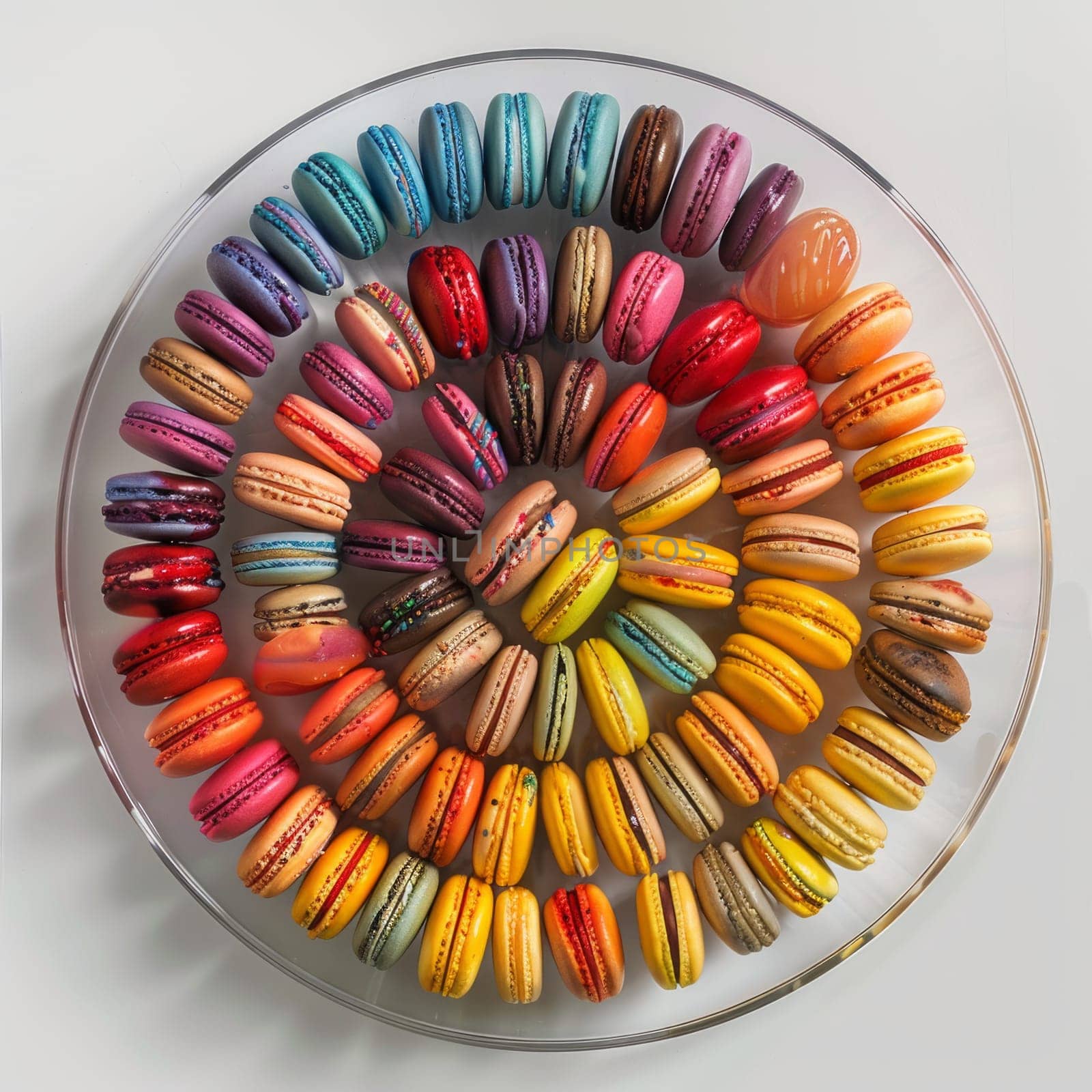 top view of transparent bowl with colorful macarons arranged in a circle forming a rainbow by papatonic