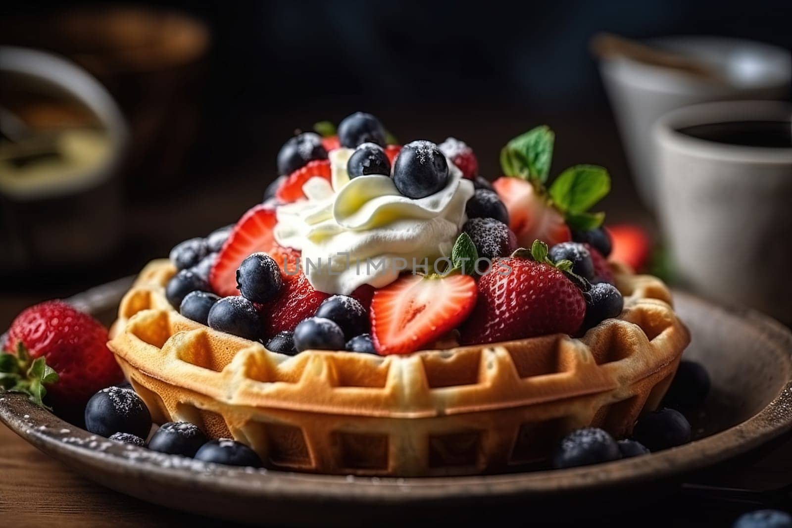 Close-up of fruit cake with strawberries, blueberries, and whipped cream in a bowl on the table