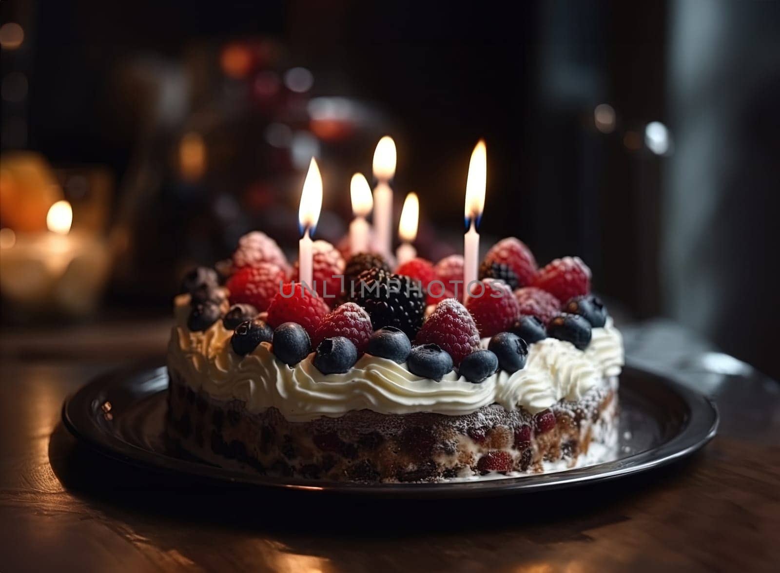 Close-up shot of a small cake with assorted berries and candles on a plate on the table with a blurred background